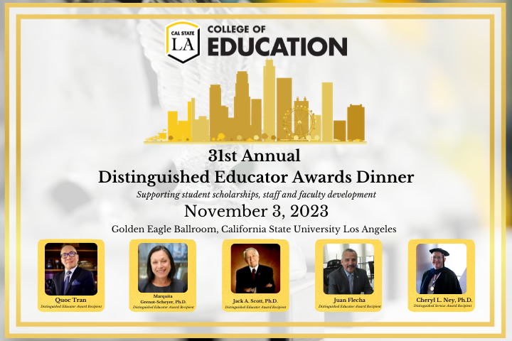 Flyer in gold and black with five headshots 