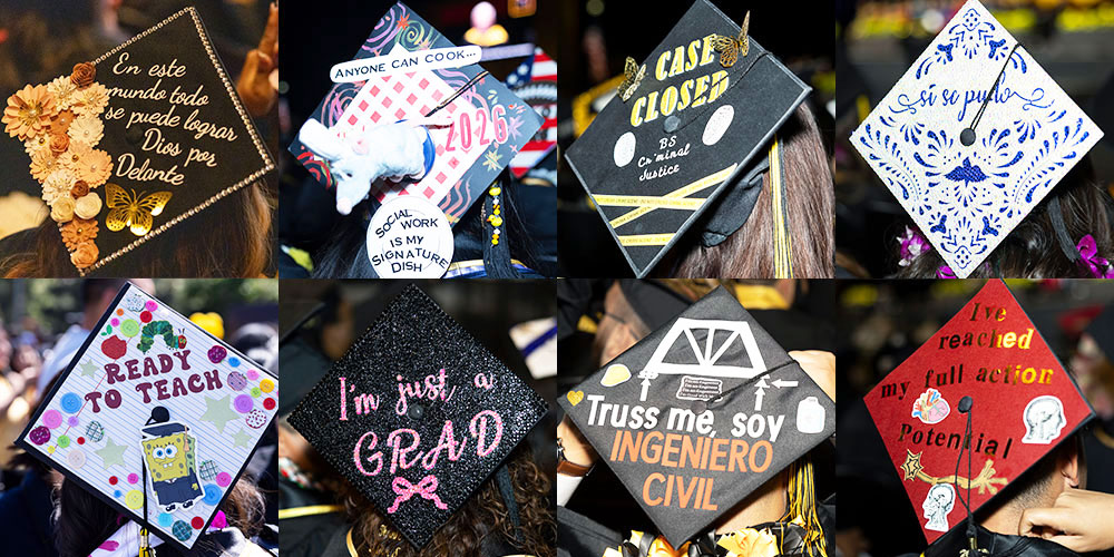A collage of eight decorated graduation caps arranged in a two-row, four-column grid. Each custom mortarboard celebrates a graduate's unique journey with creative artwork, inspirational messages, and designs representing different majors, including teaching, social work, criminal justice, and civil engineering. The graduates are photographed from behind against a softly blurred commencement crowd, drawing attention to the colorful cap designs.