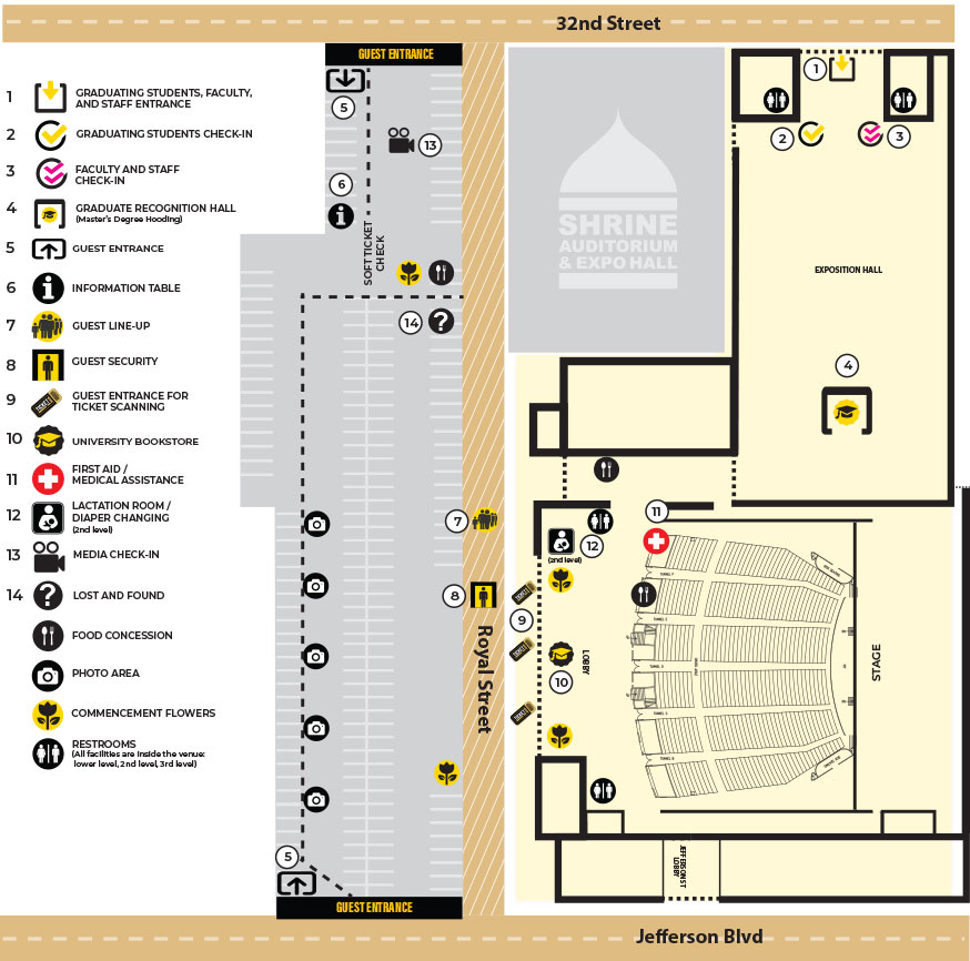 Map of the 2026 Cal State LA Commencement showing entrances, check in areas, seating, stage, and key services.