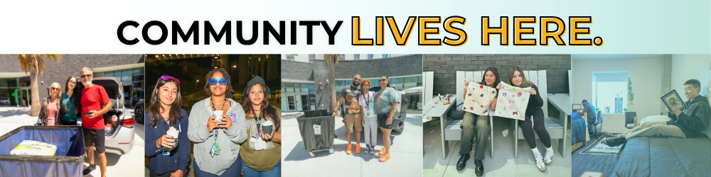 Community lives here. Images of students and families at events on campus and in their rooms studying.