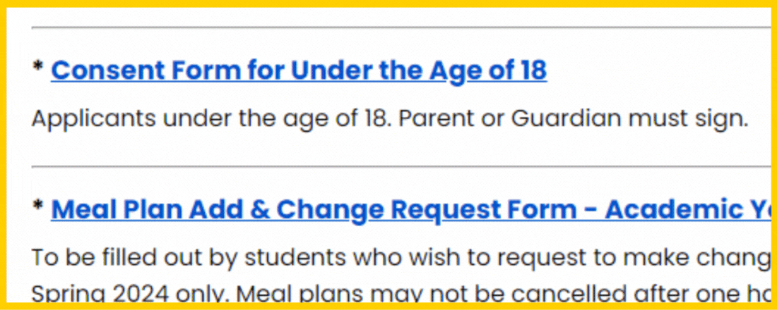 Consent Form for Under the Age of 18. Applicants under the age of 18. Parent of Guardian must sign. Arrow pointing to form link.