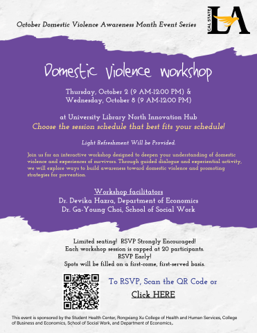 White and purple flyer informing viewers of upcoming domestic violence workshops.