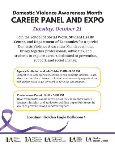 White flyer with written black text informing viewers of the domestic violence career panel and expo.