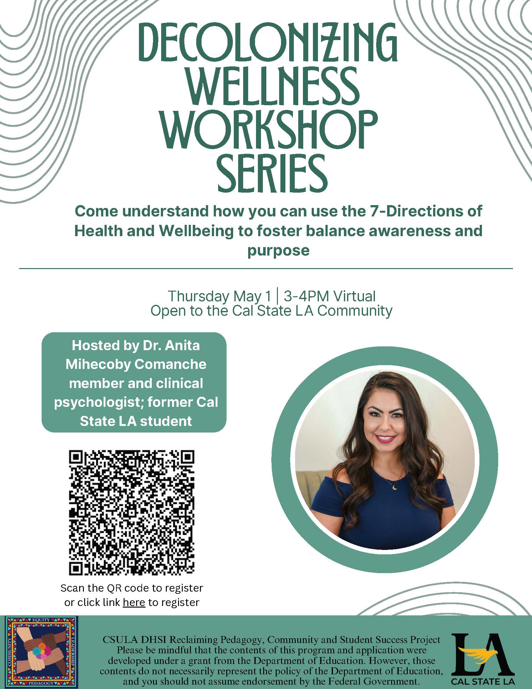 White background with green decor and lettering. Picture of Dr. Anita Mihecoby in the bottom right corner. QR code on the bottom left that leads to the Zoom registration link.