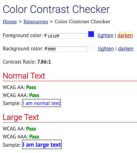 Passed results of a color contrast checker