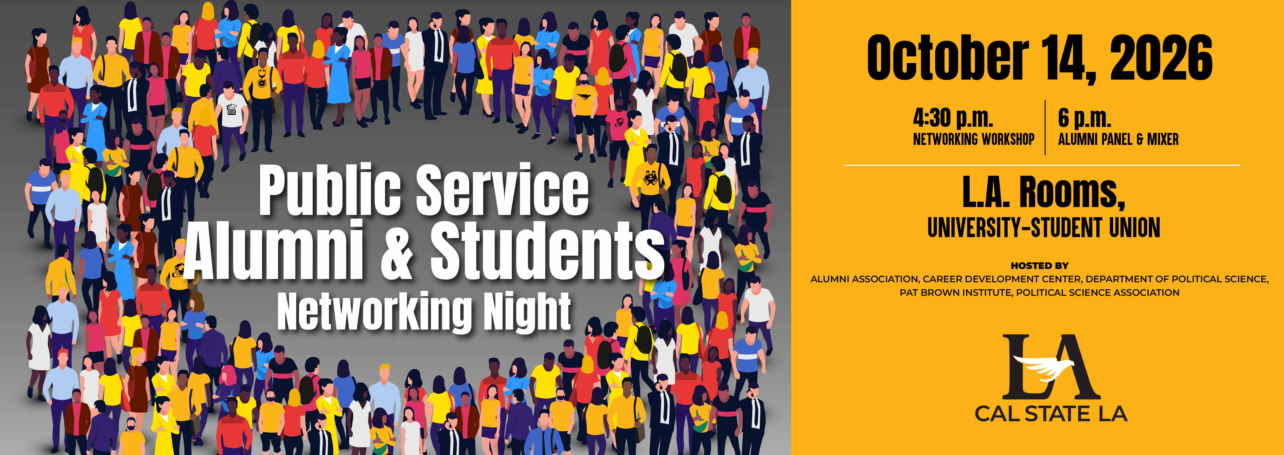 Animated drawings of a large group of people standing in a circle. Overlaid text reads Public Service Alumni and Students Networking Night