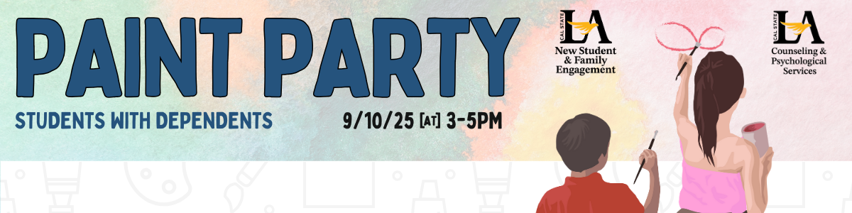 Colorful paint background, TEXT: Paint Party Students with dependents, Icons of a mom and son panting