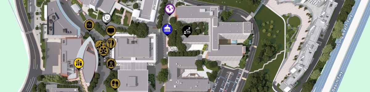 Illustrated digital campus map of Cal State LA showing building layouts, pathways, parking areas, and icons marking services such as dining, transportation, restrooms, and student resources along nearby roadways.