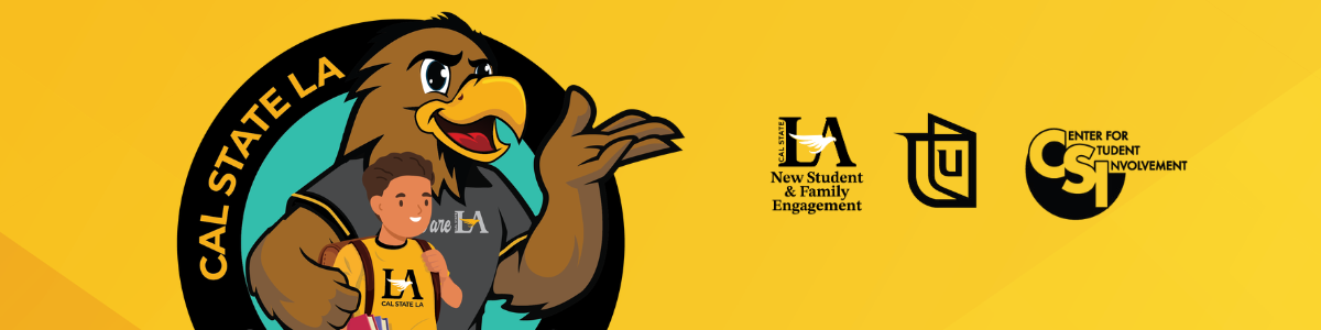 Cal State LA Family Weekend graphic featuring Eddie the Golden Eagle mascot standing beside a student, with logos for New Student & Family Engagement, Housing & Residential Life, and the Center for Student Involvement on a gold background.