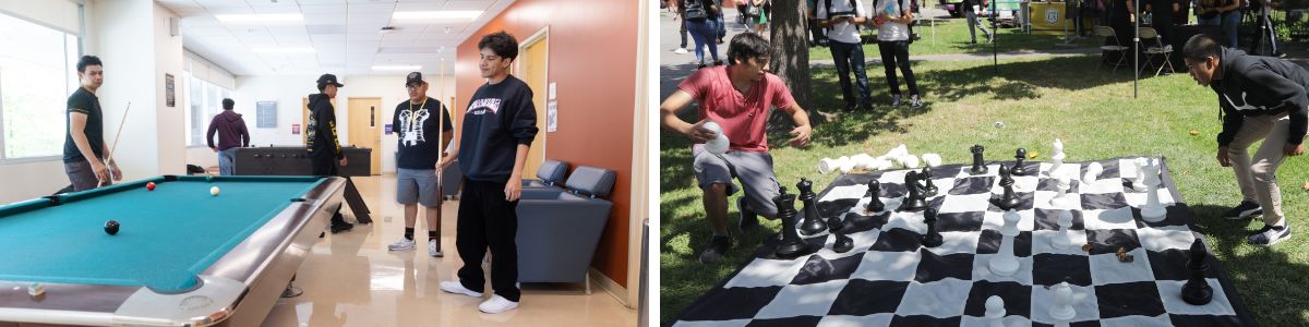 Students playing pool indoors and giant chess outdoors during campus activities.