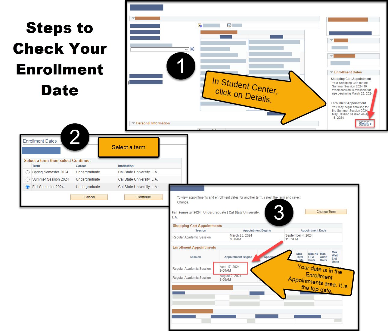 How to check your enrollment date with steps. Step one, arrow points to details.