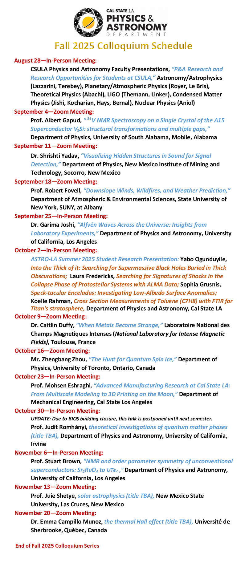 Fall 2025 Physics and Astronomy Colloquium Schedule