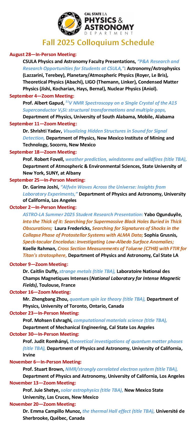 Fall 2025 Colloquium Schedule for the Department of Physics and Astronomy