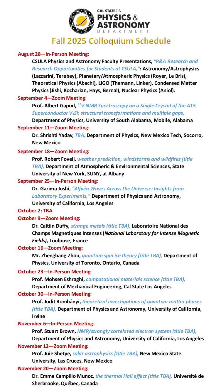 Fall 2025 Colloquium Schedule for the Department of Physics and Astronomy