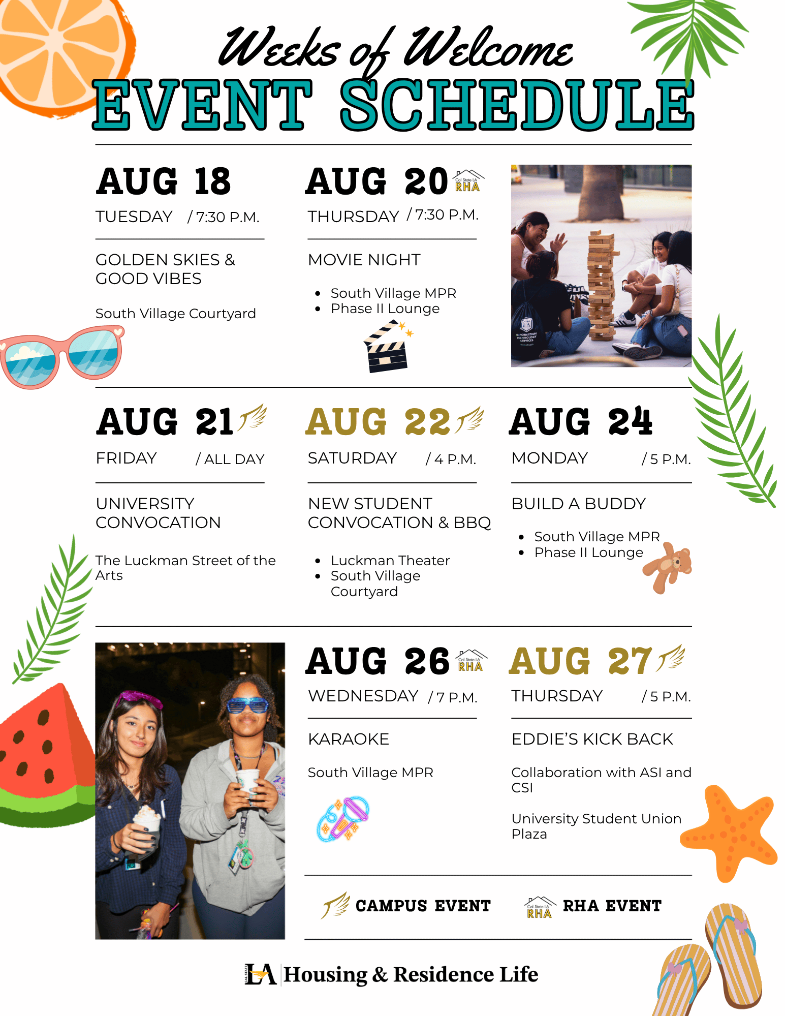 Cal State LA Housing Fall 2026 Weeks of Welcome event schedule.