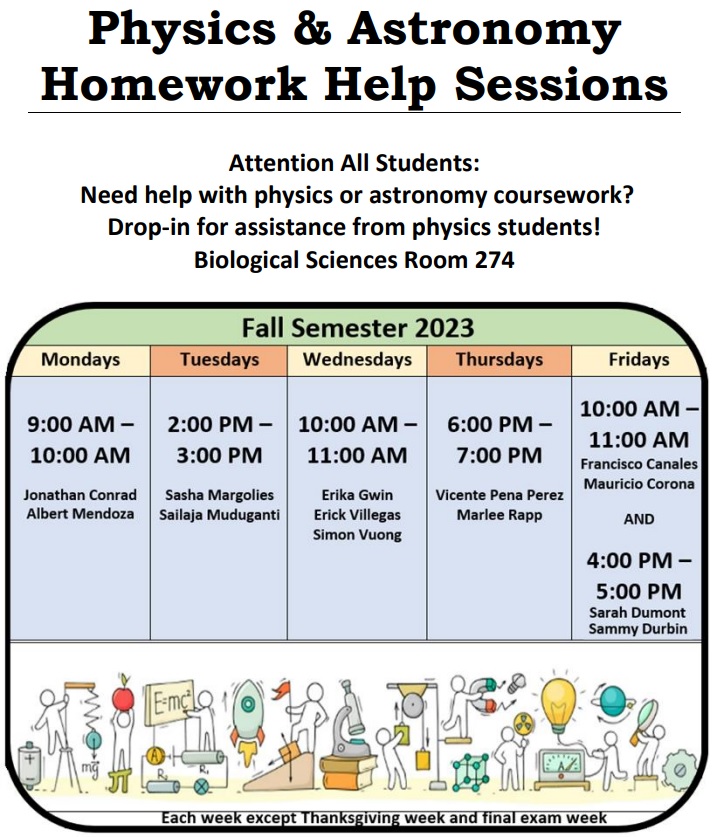Physics and astronomy homework help schedule for Fall 2023