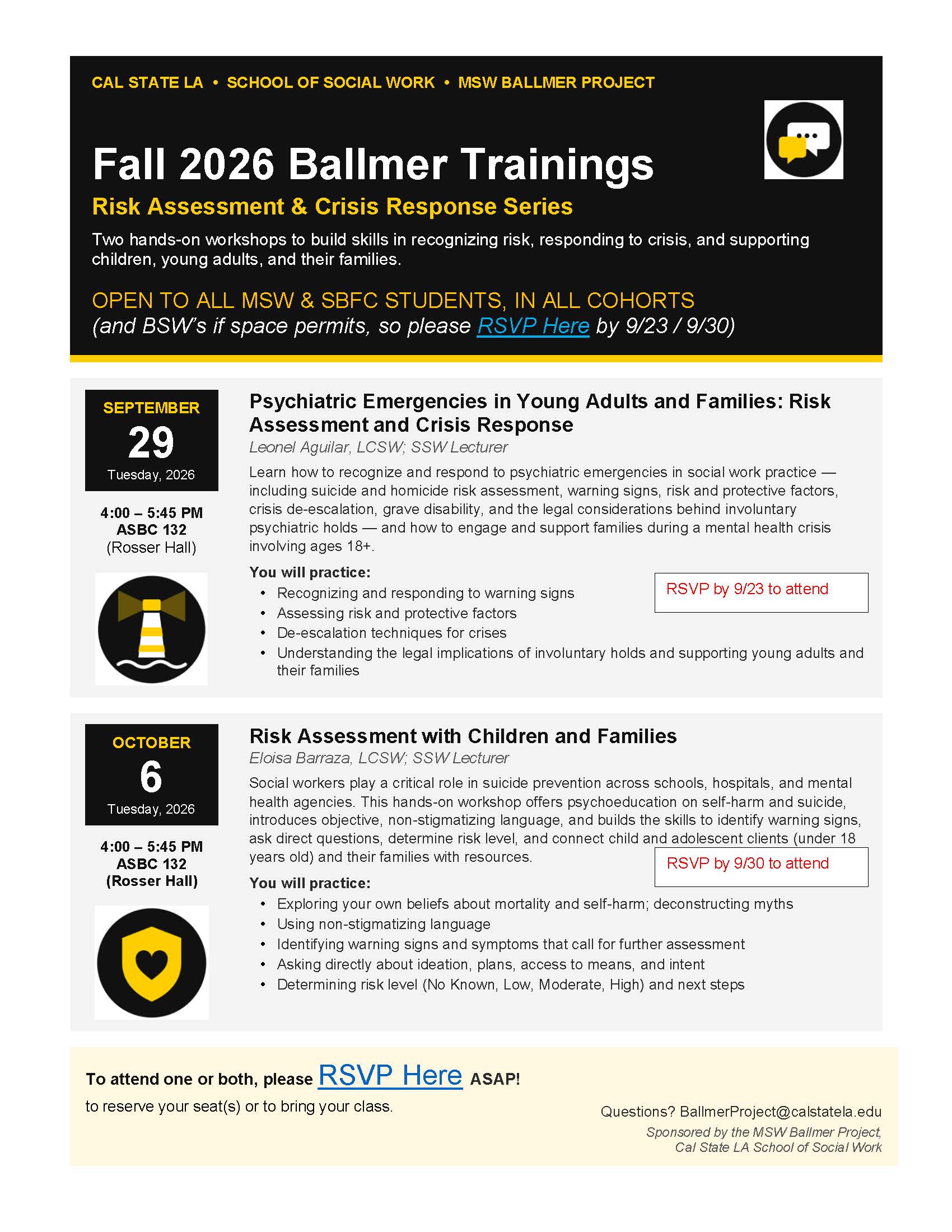black, grey, and cream flyer providing informative details regarding the fall 2026 ballmer project workshops.