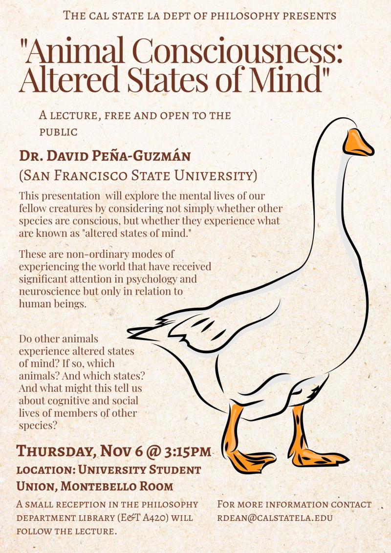 Animal Consciousness lecture November 6 at 3:15 in USU Montebello Room