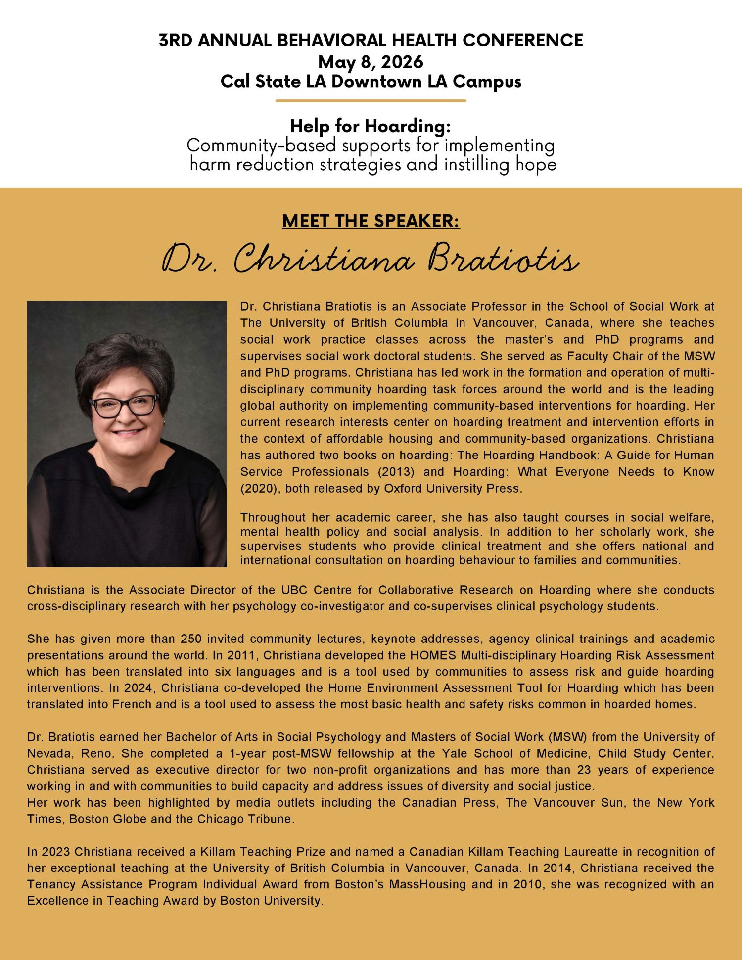 Cream and gold flyer providing detailed information about the SSW Behavioral Health Conference.