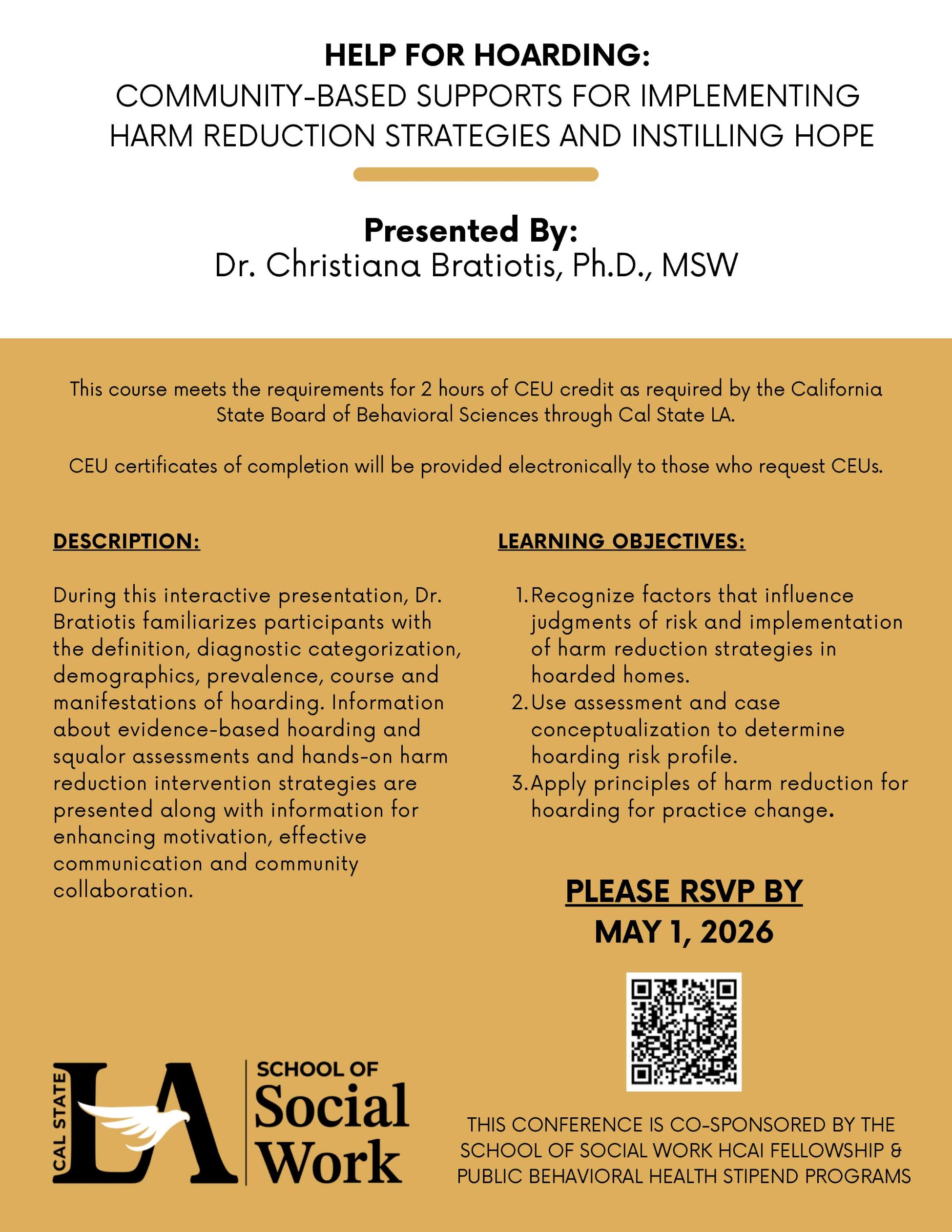 Cream and gold flyer providing detailed information about the SSW Behavioral Health Conference.