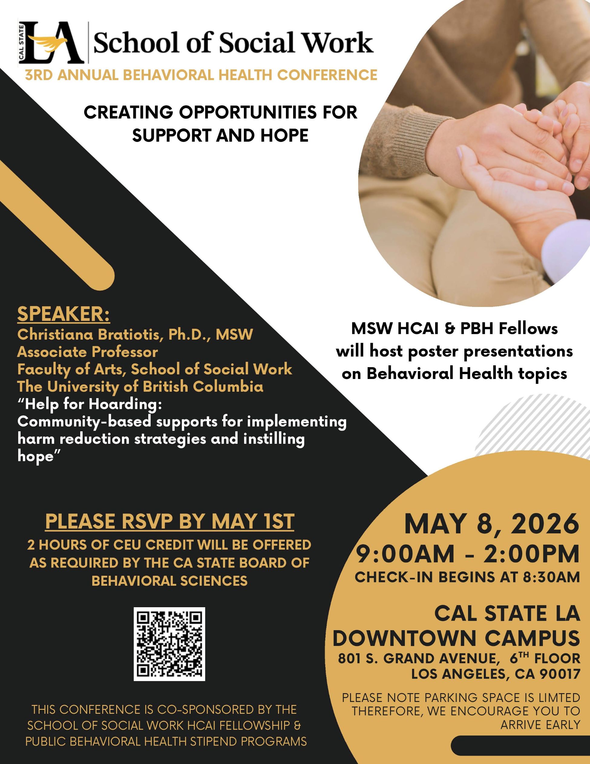 Black, cream, and gold flyer to notify people of the SSW 3rd annual behavioral health conference.