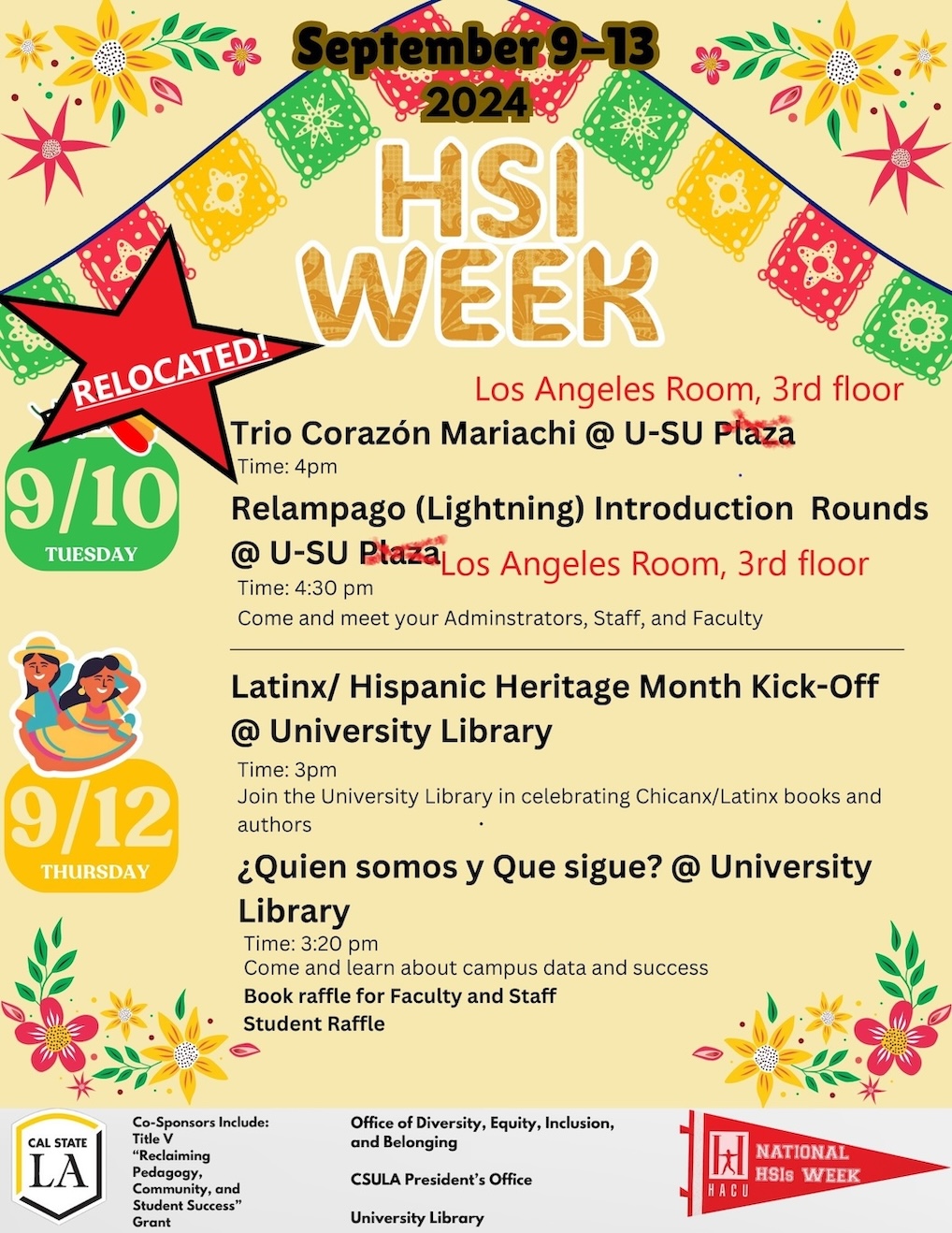 Solid yellow flyer announcing HSI week event dates and locations.