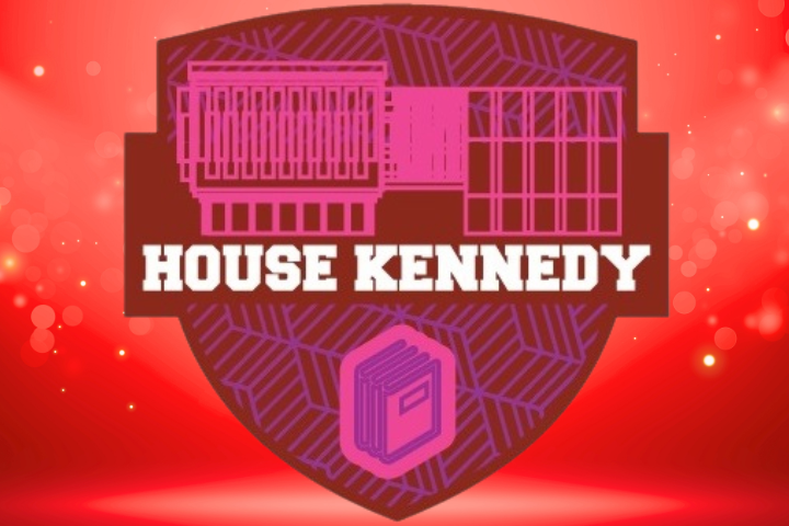 A red colored shield with magenta designs inscribed within. The text reads: "House Kennedy". A red background accompanies the graphic.