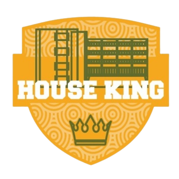 A yellow colored shield with light yellow and greenish designs inscribed within. The text reads: "House King".