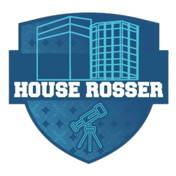 A blue colored shield with light blue designs inscribed within. The text reads: "House Rosser".