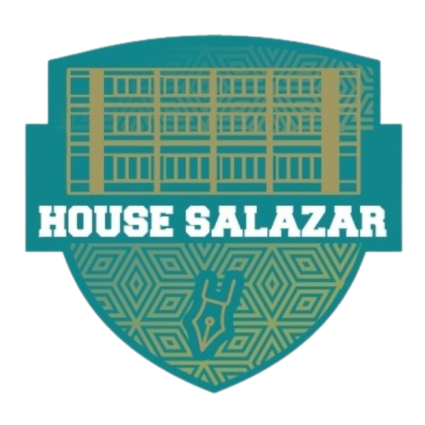 A teal colored shield with green designs inscribed within. The text reads: "House Salazar".