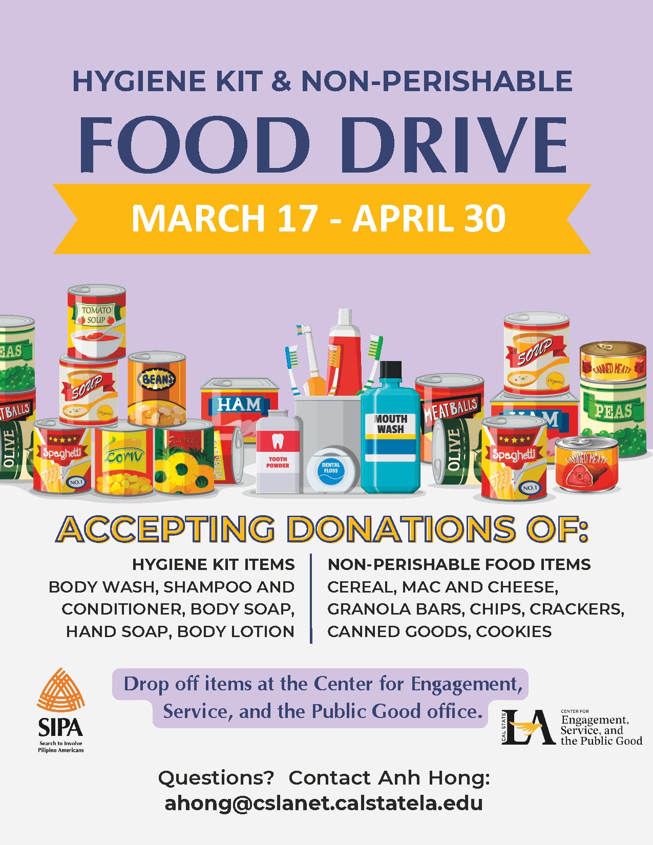 Purple and white background with text stating "Hygiene Kit & Non-Perishable Food Drive"