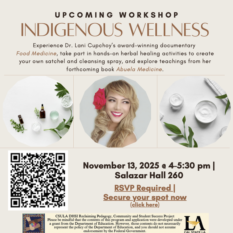 tan background with the title "Indigenous Wellness" in the center. A picture of Dr. Lani Cupchoy with holistic wellness images on the side. 