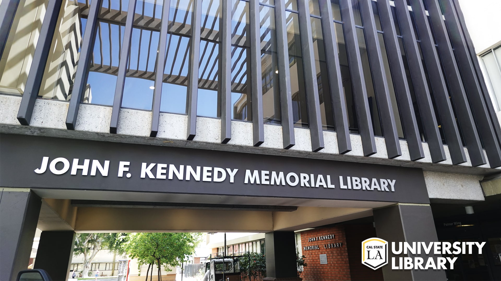 Photo of Library in black and white font