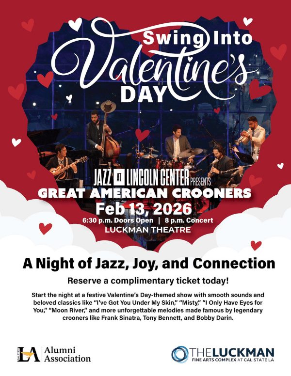 Large heart surrounding an image of a band. Accompanying text reads: Jazz at Lincoln Center presents great american crooners. february 13, 2026. A night of jazz, joy, and connection 