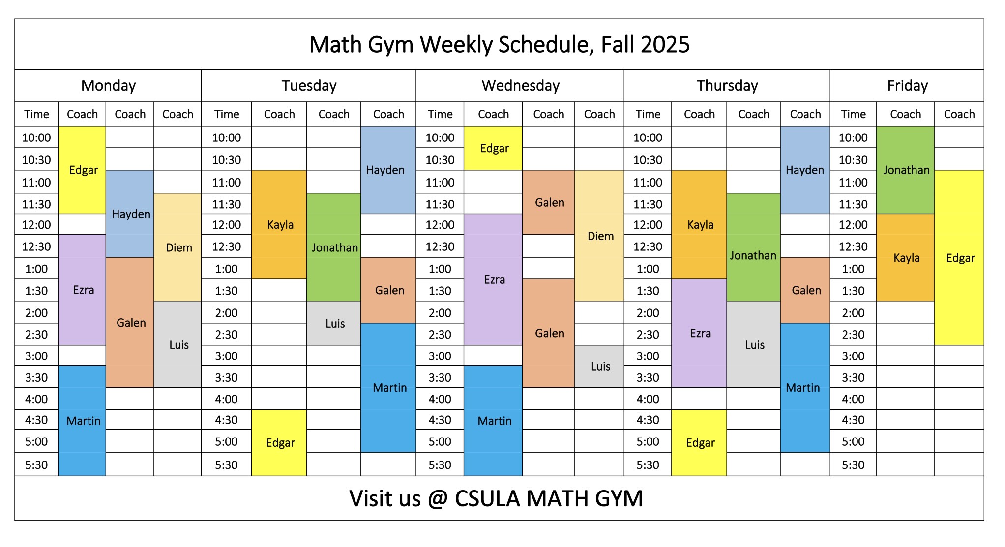 Math Gym Weekly Schedule