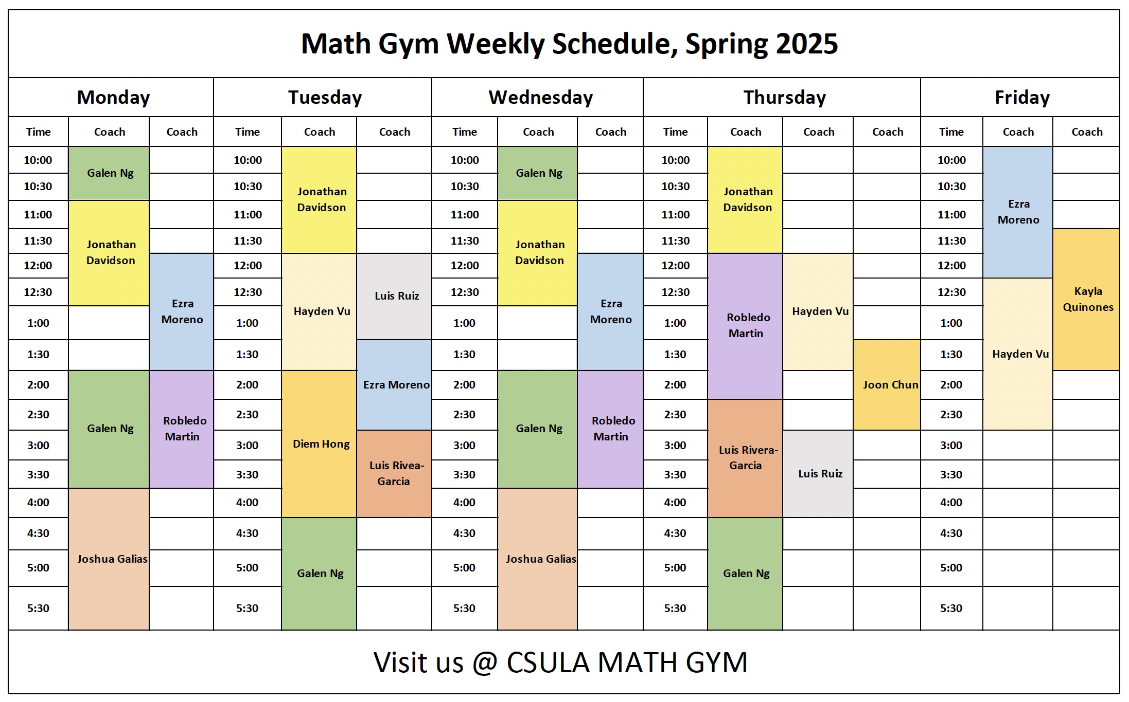 Math Gym Weekly Schedule