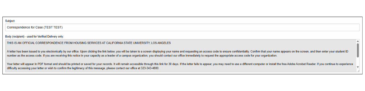 Maxient message setup screen showing subject “Correspondence for Case (TEST TEST)” and body text explaining an official Housing Services letter is available electronically and accessible via a secure link.