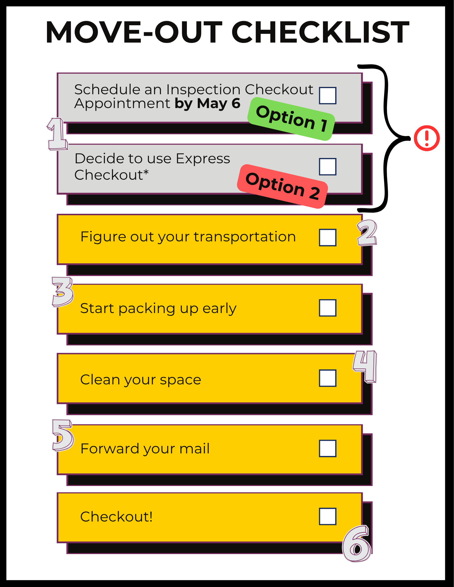 Move-Out Checklist graphic with six numbered steps and checkboxes. Step 1 offers two options: Schedule an Inspection Checkout Appointment by May 6 (Option 1) or Decide to use Express Checkout (Option 2), marked with an important symbol. Steps 2 through 6: Figure out your transportation, Start packing up early, Clean your space, Forward your mail, Checkout.