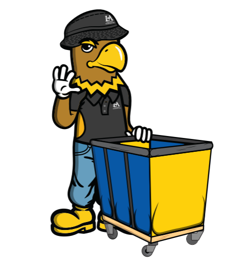 Eddie the Golden Eagle waving with a moving cart.