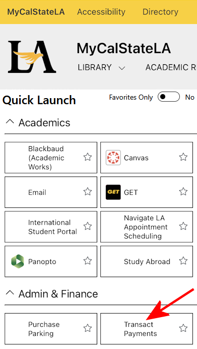Cal State L A Student Center screenshot, Quick Launch section