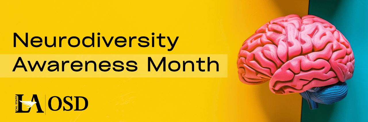 Neurodiversity Awareness Month banner with golden yellow and turquoise background behind a magenta brain. 