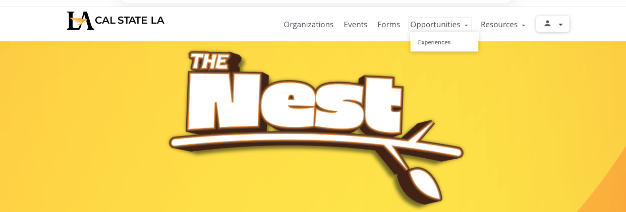 Cal State LA webpage header with navigation menu above a yellow graphic displaying the text ‘The Nest.’