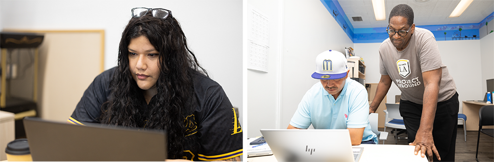 A student with long hair looks at her laptop. A student types on his laptop while another student looks over his shoulder.