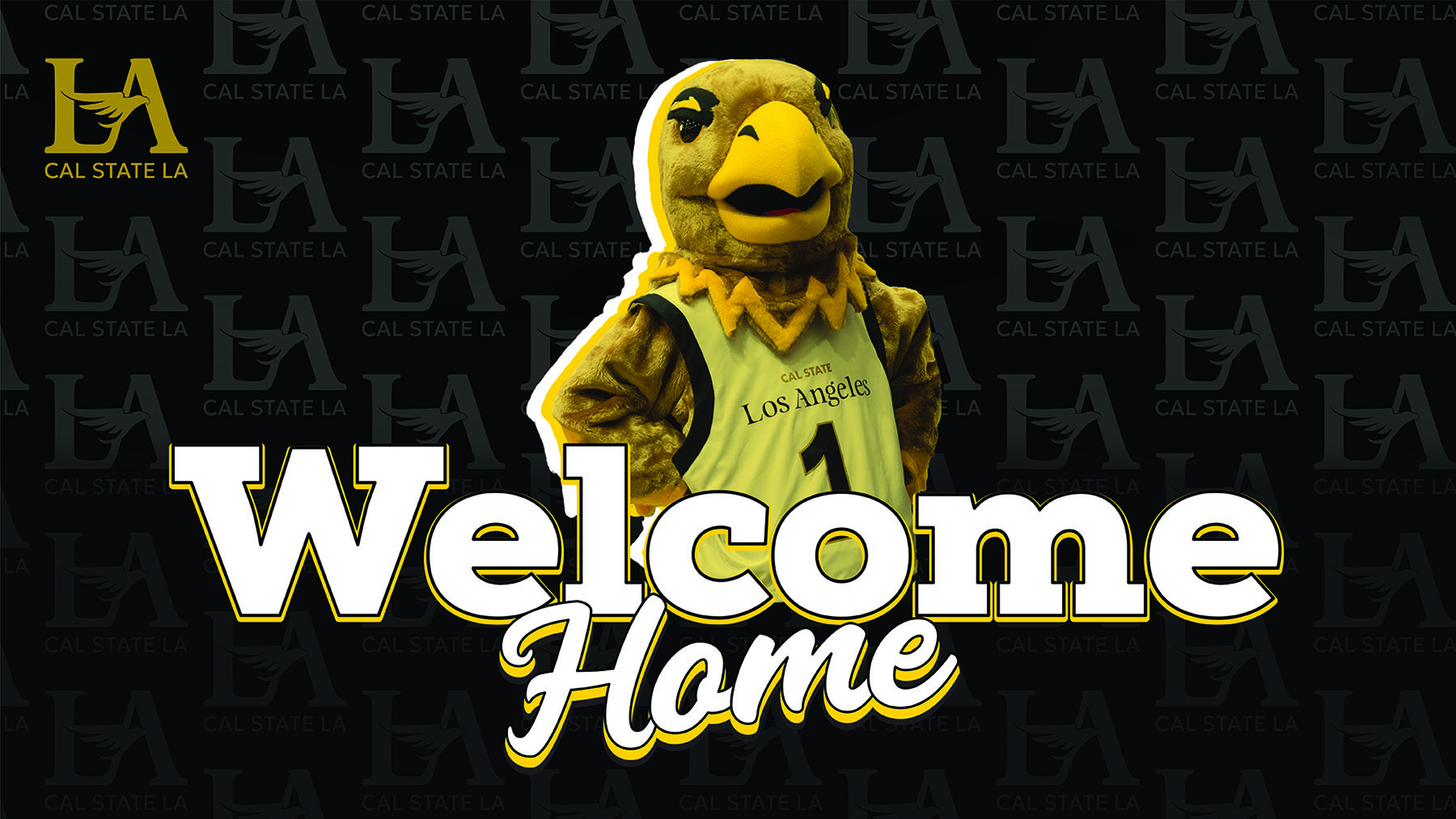 Eddie the Golden Eagle standing with their hand on their hips. LA Welcome Home
