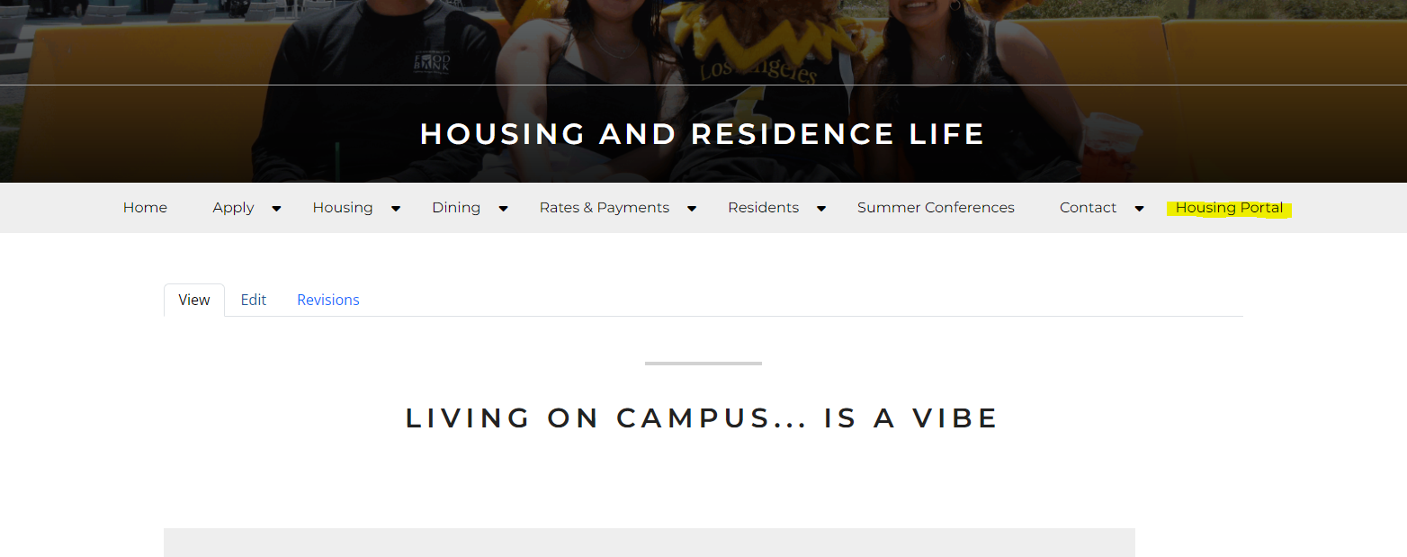 Cal State LA Housing Homepage, Housing Portal Highlighted.