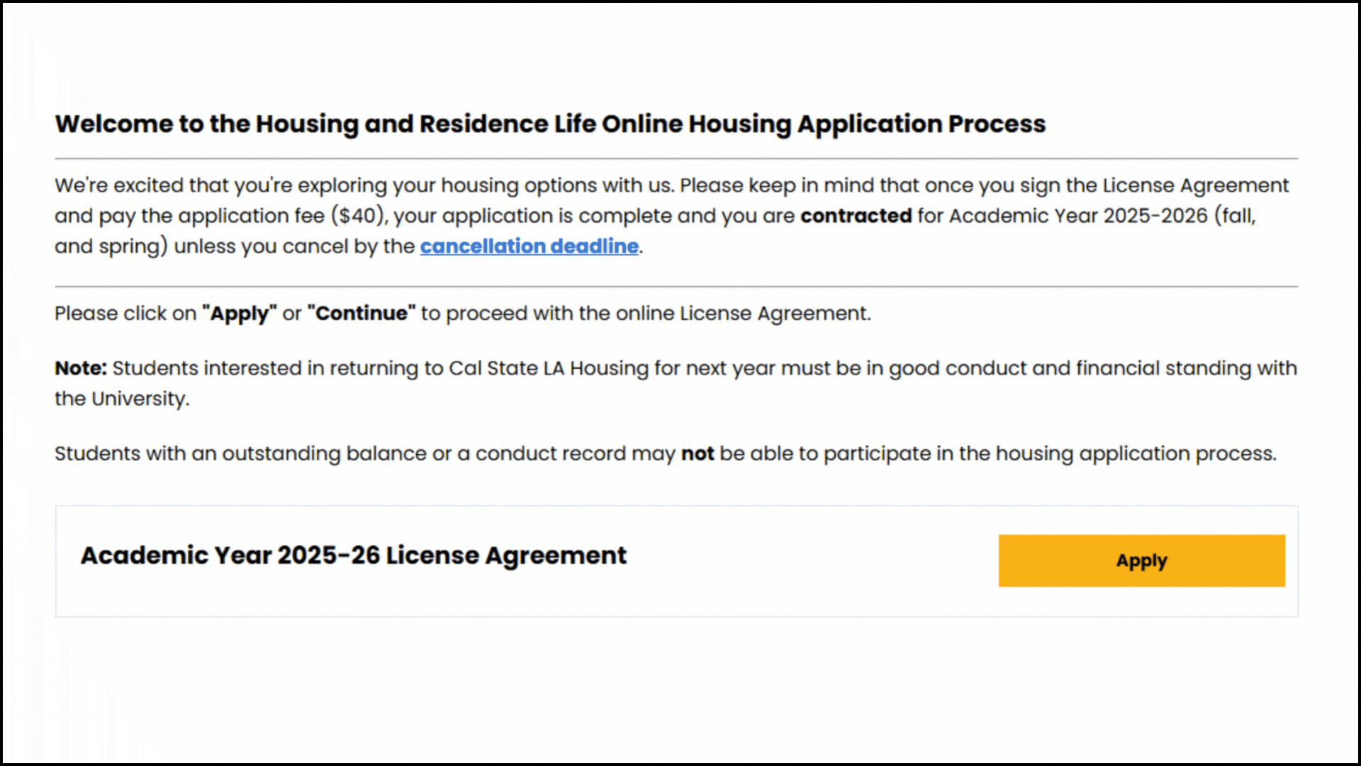 The button to click in the Housing Portal to apply for the 2025-2026 academic year.
