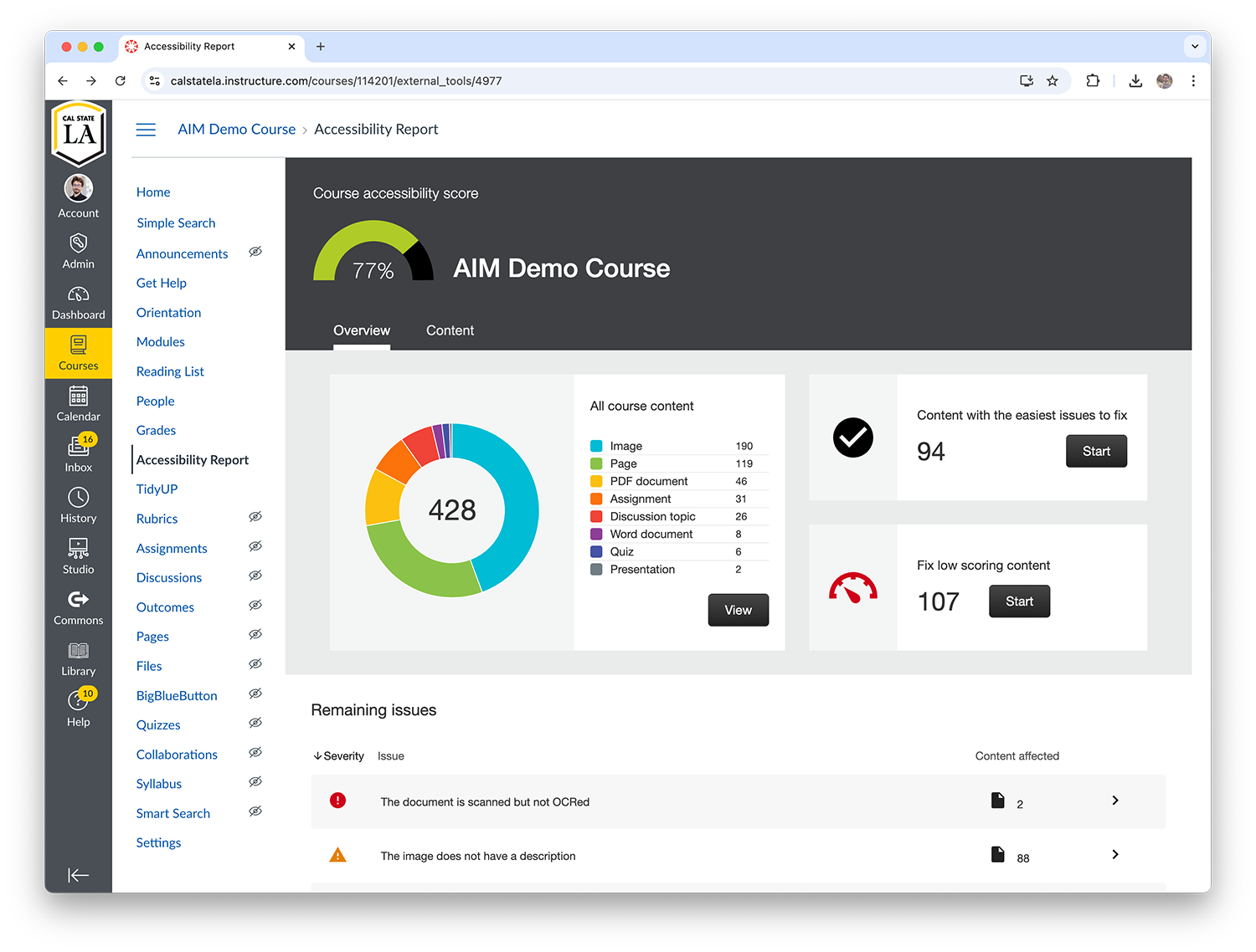 Ally Accessibility Report in Canvas LMS