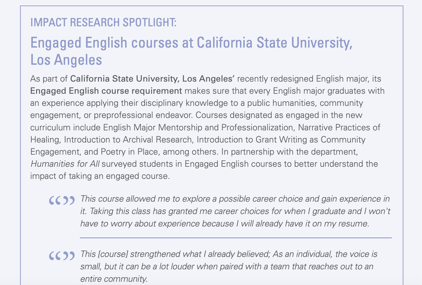 National Humanities Alliance assessment of our Engaged English requirement