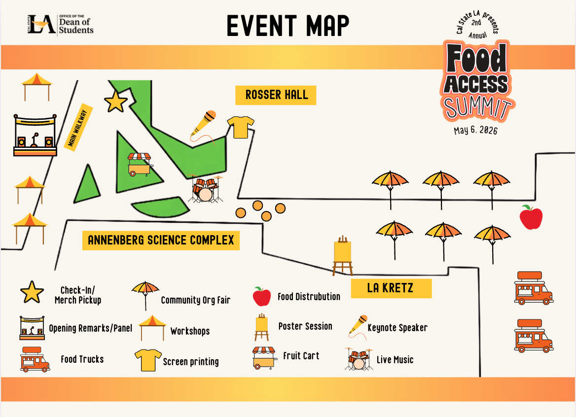 Event map for the Food Access Summit at Cal State LA showing locations for Rosser Hall, Annenberg Science Complex, and LA Kretz, with icons for check-in, panels, workshops, food trucks, and activities.