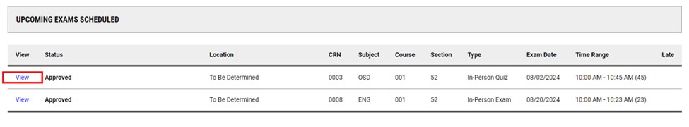 Screenshot of list of upcoming exams and details with a red box around the View option.